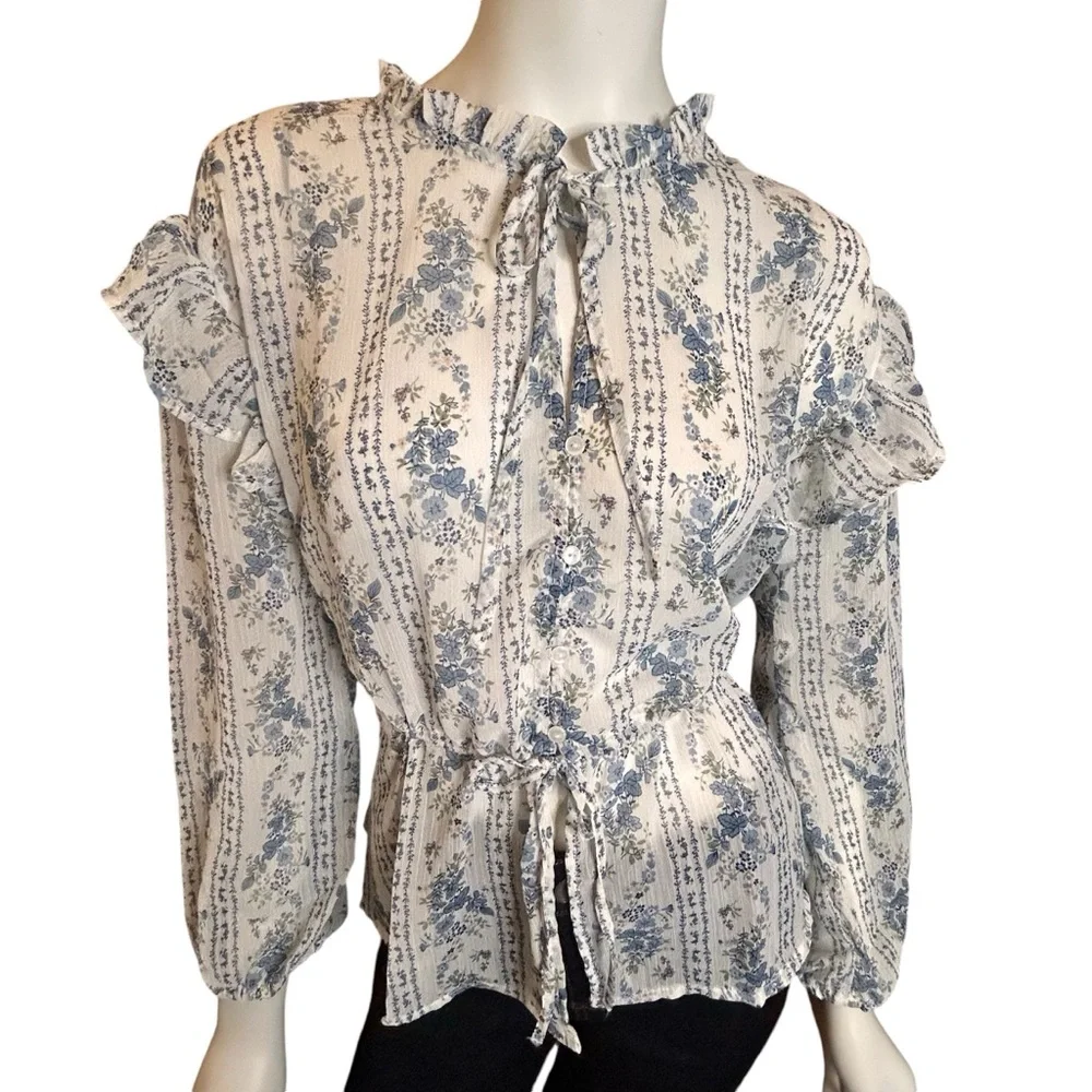 NEW Blu Pepper Blue White Floral Peasant Blouse Ruffle Detail Size Medium
